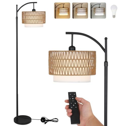 Rustic Arc Floor Lamp for Living Room & Bedroom with 3 Color Temperatures - Dimmable Boho Standing Lamp with Remote & Rattan Shade