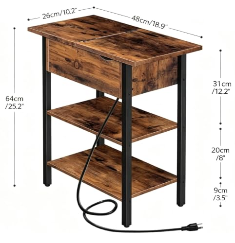 HOOBRO Rustic Brown & Black End Table with Charging Station, Flip Top Nightstand with USB & Outlets, Narrow Side Table for Small Spaces