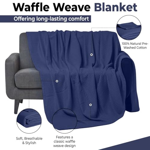 QUBA LINEN Navy Queen 90" x 90" Cotton Waffle Weave Summer Blanket