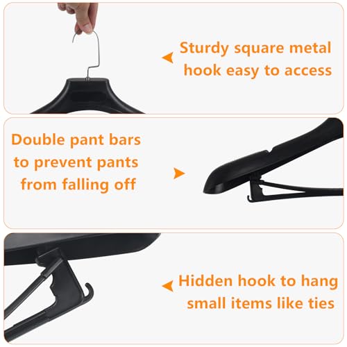 Black Plastic Extra Wide Suit Hangers Pack of 15 with Notched Shoulders & Metal Hooks