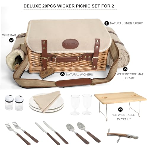 Multifunctional Wicker Picnic Basket Set for 2 with Blanket & Table - Natural Variation