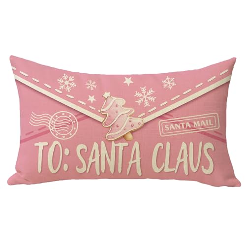 Fjfz 20x12 Inch Pink Christmas Lumbar Pillow Cover Santa Mail Decor