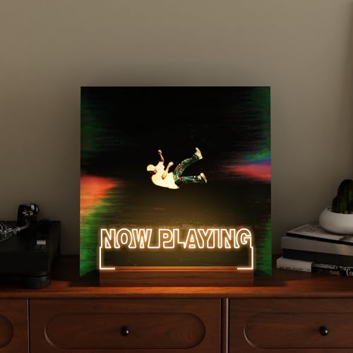 CoolGift Mart Now Playing Vinyl Record Stand with Warm White LED Lights - Wooden & Acrylic Wall Display for Albums, Vinyl Collectors, Room Decor (Square)