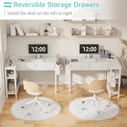 DLisiting White 39.4 Inch L Shaped Corner Desk with Drawers & Shelves - Small Home Office