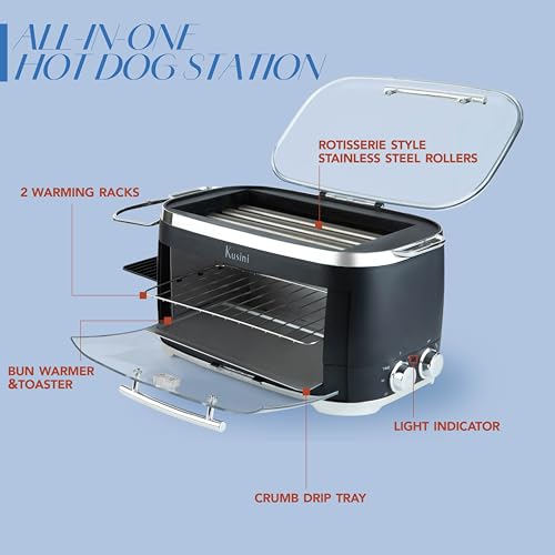 Kusini Hot Dog Roller Grill & Toaster Oven - Holds 8 Hot Dogs & Buns