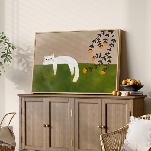 Large Framed Cat Wall Art - Green Neutral Canvas Bedroom Decor 36x24 Inch - Orange Variation