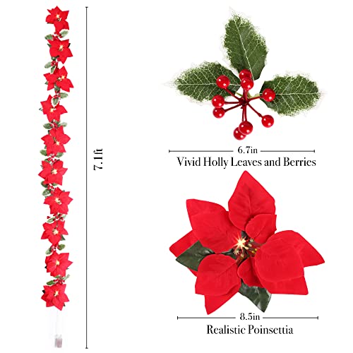 Sggvecsy Christmas Poinsettia Garland 7.1Ft Poinsettia Velvet Artificial Poinsettia Garland String Lights with Red Berries Holly Leaves for Christmas Decorations Mantle Indoor Outdoor Holiday Decor