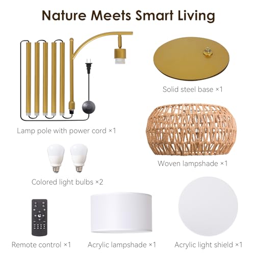 DRAWNCAT Boho Gold Rattan Floor Lamp with Remote, Dimmable 2700K-6000K, Adjustable & 2-in-1 Wicker & Fabric Shade