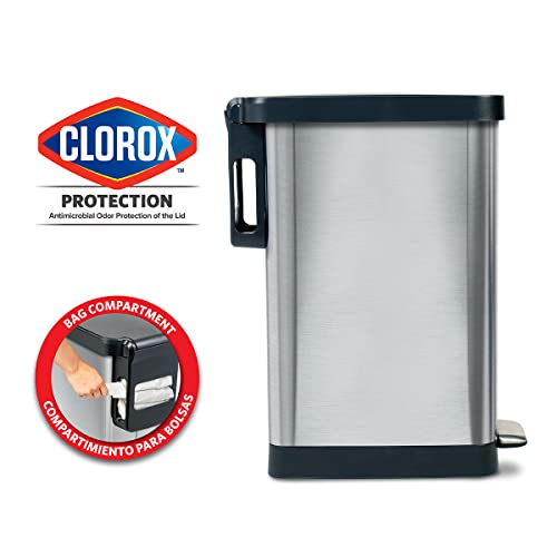 Stainless Steel Slim Trash Can with Clorox Odor Protection - 45L Kitchen Waste Bin with Soft Close Lid & Step Pedal