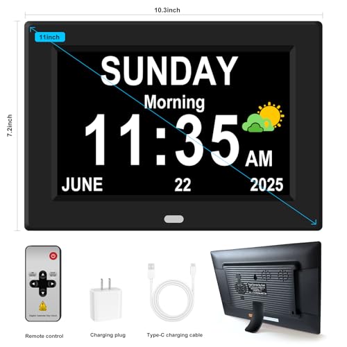 11-Inch Large Display Digital Alarm Clock for Seniors Black - 12 Alarms & Auto Dimming
