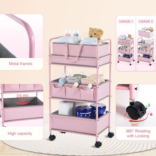 Pink 2-in-1 Baby Diaper Caddy Organizer Cart with Removable Baskets