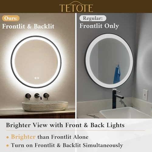 24-Inch Matte Black Round LED Bathroom Mirror with Backlit & Dimmable Lights