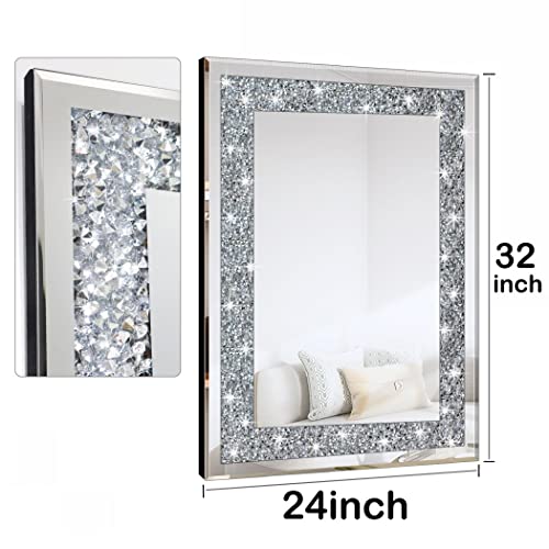 QMDECOR 32x24 Inch Rectangle Silver Mirror with Crystals Wall Decor Frameless Glam