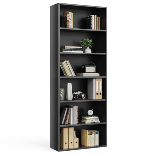 DUMOS Modern Black 6-Tier Tall Bookcase - 63 Inch Open Shelving for Living Room & Office