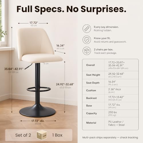 Adjustable Upholstered Bar Stools Set of 2 Beige - 360° Swivel Counter Height Chairs with Stable Metal Base