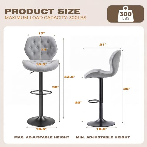 Grey Set of 2 Adjustable Swivel Bar Stools with Backrest - Modern Chenille Fabric
