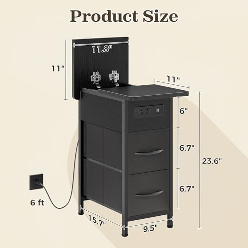 Huuger Black Narrow End Table with Charging Station - Slim Side Table with 2 Drawers