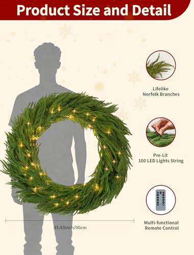 NUPTIO 36 Inch Large Outdoor Prelit Norfolk Pine Christmas Wreath (120 cm)