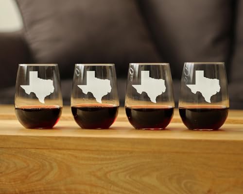 Bevvee Texas State Outline Stemless Wine Glass Set of 4 - 17 oz Texans Souvenir