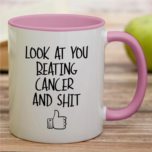 Retreez Funny Cancer Beating 11oz Ceramic Mug - White with Pink Handle & Inner