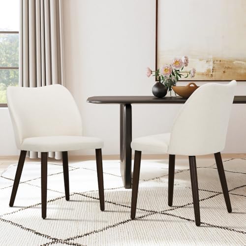 Modern Upholstered Dining Chairs Set of 2 - Beige Fabric with Wood Legs