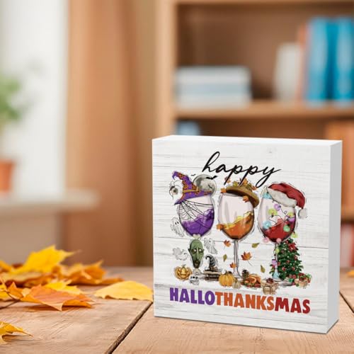 Happy Hallothanksmas Wood Decor Fall Halloween Thanksgiving Christmas Wine Decorations Gifts for Women Men Harvest Autumn Wood Decorations Sign for Home Farmhouse Office Desk Shelf 5 x 5 Inches