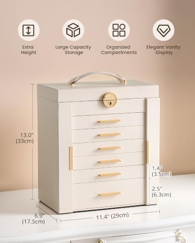 Large 7-Layer Jewelry Box Organizer with 6 Drawers - Beige, 11.4" W