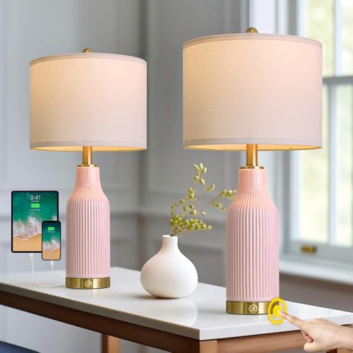 24.5-Inch Dimmable Touch Control Ceramic Table Lamp Set - Pink, 2-Pack with USB A+C Ports - Modern Farmhouse Nightstand Lamps - Variation: 24.5"-TU-Pink