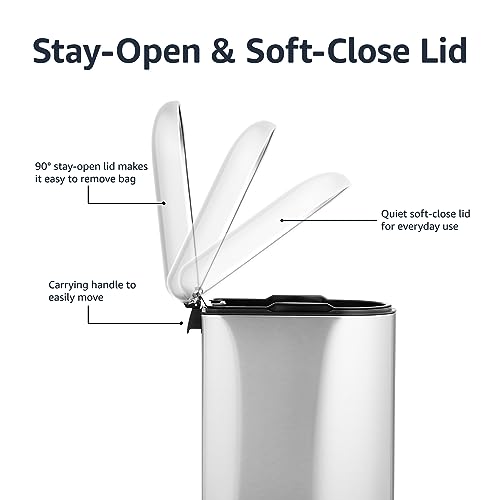 Small Trash Can with Soft-Close Pedal, Removable Inner Bucket, Silver - 2.6 Gallon Narrow