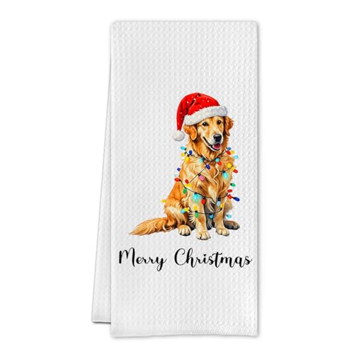 Golden Merry Christmas Dog Kitchen Towels (Cilrii) 16x24 – Gifts for Golden Retriever Lovers