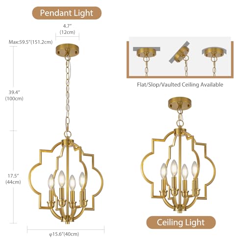 Brushed Gold Dining Room Chandeliers, 15.6" Farmhouse Pendant Light