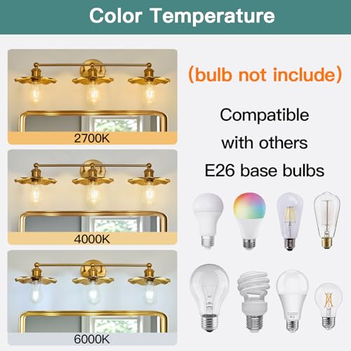 3-Light Vintage Vanity Light Fixture - Gold Bathroom Mirror Lighting