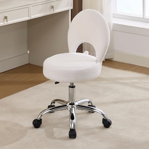 Foldable Vanity Chair with Storage - 15.8-Inch Spacious Seat, White, Adjustable & 360° Swivel