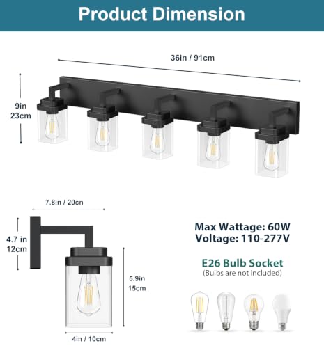 Leifod Matte Black 5-Light Bathroom Vanity Light with Clear Glass Shades - Modern Fixture, Over Mirror, 36 Inch