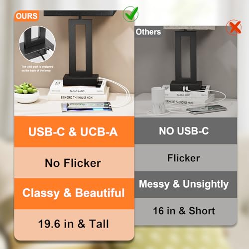 Seealle Medium Set of 2 Nightstand Table Lamps with USB-C & A, 3-Way Dimmable, Black, 19.6in
