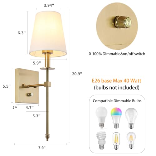 Dimmable Wall Sconces Set of 2 - Gold Modern Bathroom Vanity Lighting Fixtures with On/Off Switch