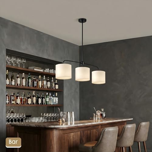 3-Light Black Linear Pendant Light with Linen Beige Drum Shades - Modern Kitchen Island & Dining Room Fixture - Scyvenra 3 Light-Black Variant