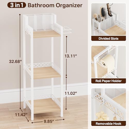 White Slim Bathroom Storage Shelf Unit with 3 Tiers and Toilet Paper Holder - 9.85in Wide