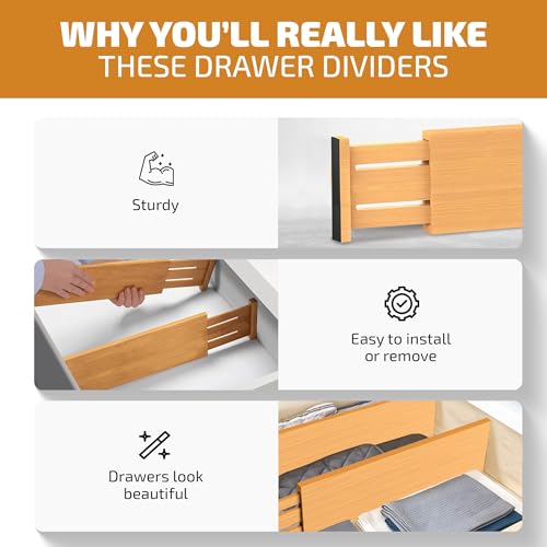Bambüsi Bamboo Drawer Dividers - 6 Inch High, Expandable 11.5-17 Inch Wide Organizer Set