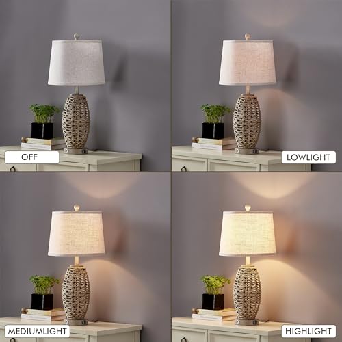 27-Inch Natural Rattan Table Lamps Set of 2 with USB Ports & Dimmable Touch Control