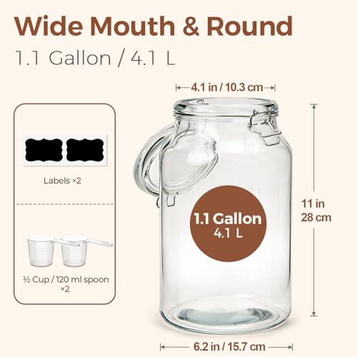 ComSaf Large Glass Jars with Airtight Lids 138 oz (1.1 Gallon) - 2 Pack, Wide Mouth