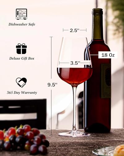 Set of 6 Hand Blown Bordeaux Wine Glasses - 18 Ounce Lead-Free Crystal, Elegant Gift Packaging
