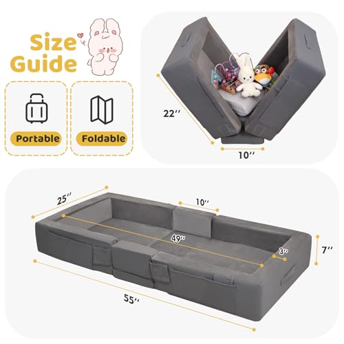 Portable Toddler Travel Bed with Soft Foam Rails - Grey, 55x25x7in