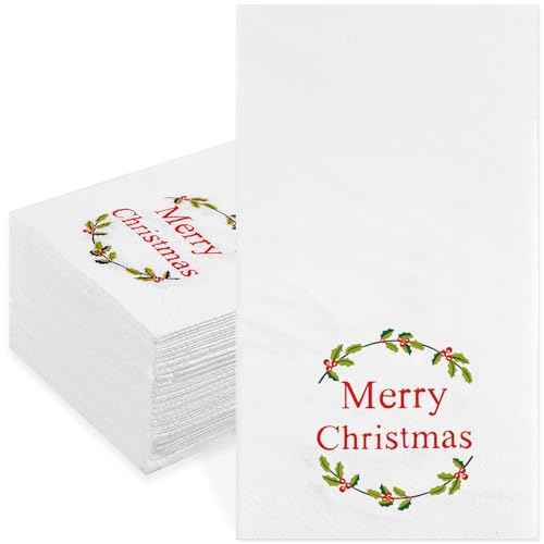 Quera 50 Pack Christmas Wreath Paper Napkins Disposable Merry Christmas Hand Towels Decorative Table Napkin for New Year Winter Dinner Merry Christmas Holiday Xmas Party Supplies
