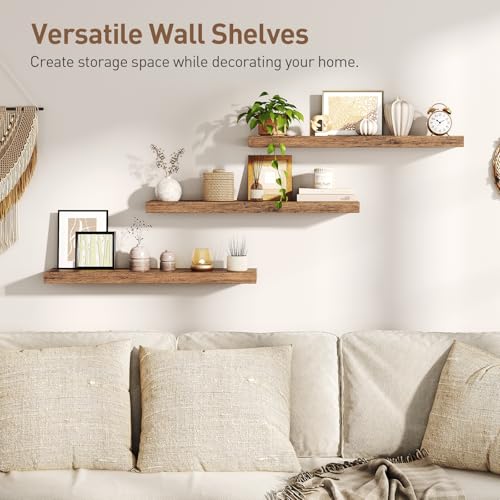 RALGEND Rustic Brown 31.5 Inch Wall Floating Shelves Set of 3 with Invisible Brackets