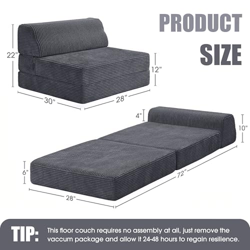 Grey Folding Sofa Bed with Pillow - Convertible Memory Foam Floor Couch for Living Room & Dorm