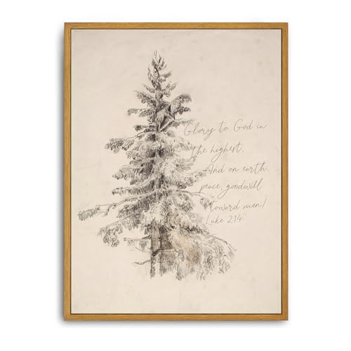Roslynity 16x12 Inch Framed Canvas Wall Art Christmas Tree Scripture Peace on Earth Luke 2:14 Winter Pine Religious Home Decor