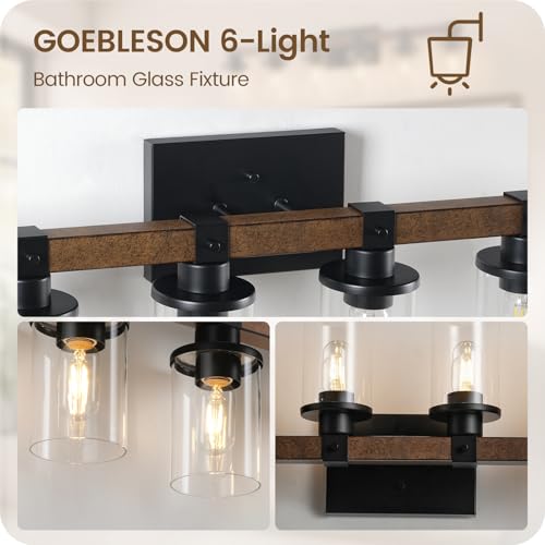 GOEBLESON 6-Light Bathroom Vanity Light Fixture with Glass Shades, Rustic Black & Brown