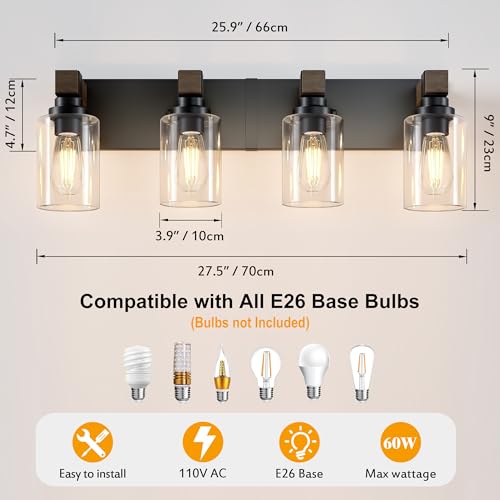 Farmhouse 4-Light Bathroom Vanity Light Fixture, Black & Wood Finish