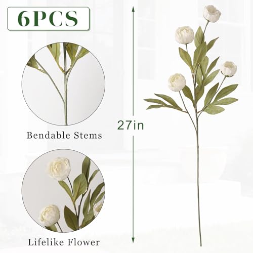 Artificial Peony Flower Stems 27 Inch Cream - 6 Pack for Vase Decor
